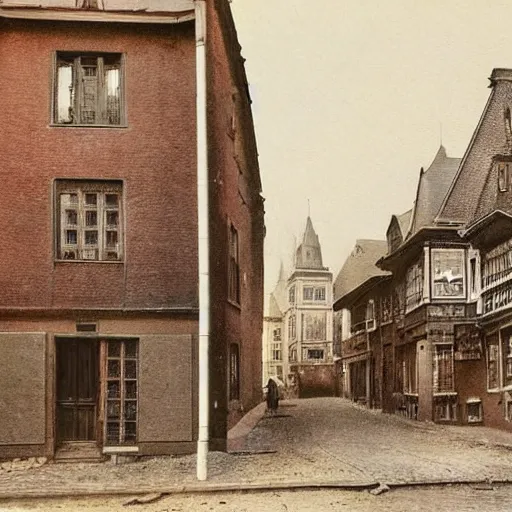 Image similar to Emil Verharn. 1900. Photo in color image. High definition. The city of Sint Amands. Symbolism on old houses.