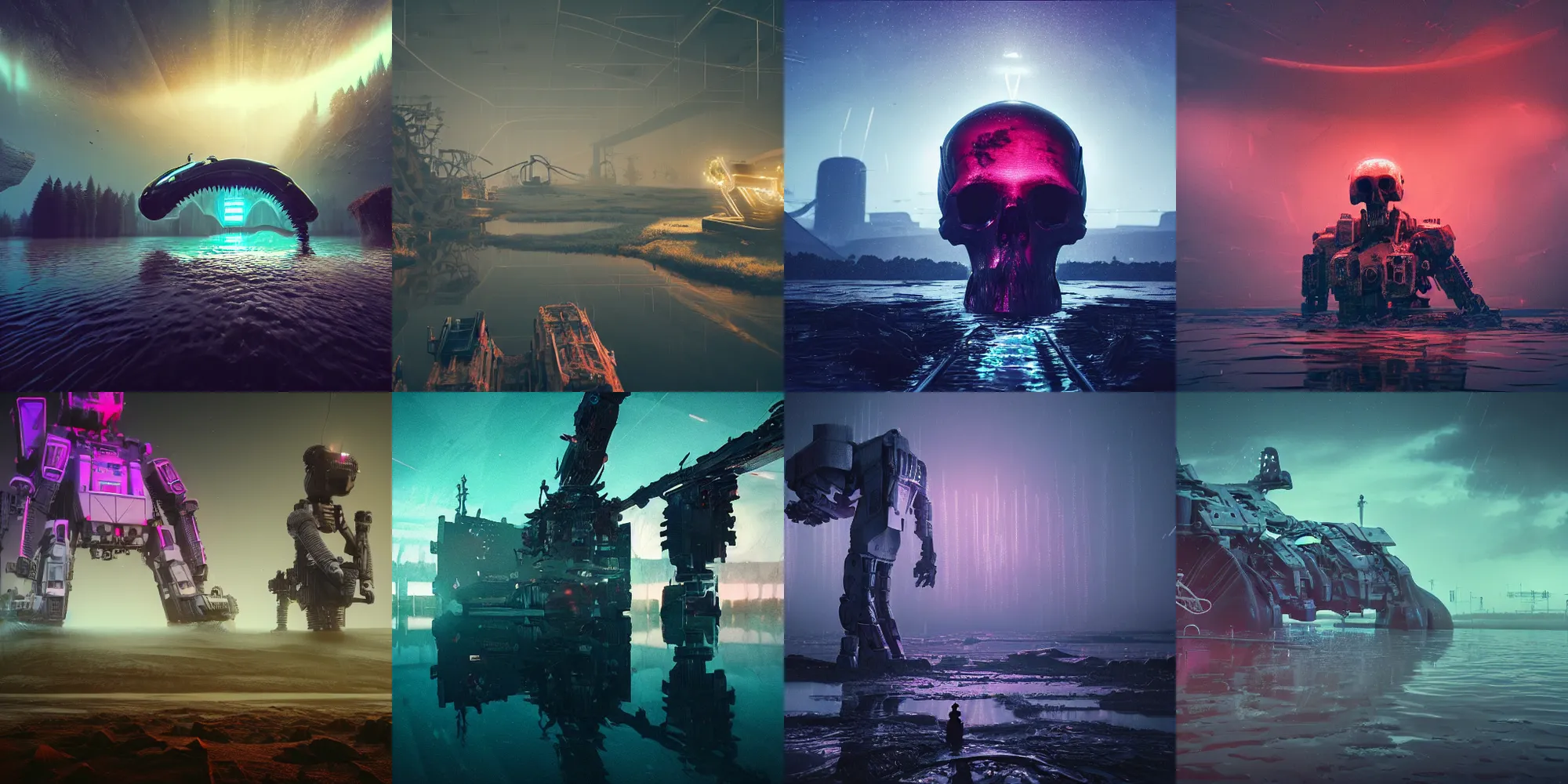 Prompt: beautiful dark bloody flooded landscape, giant robot human skull gears, in the style of beeple and Mike Winkelmann, photo real, ultra realistic, intricate, epic lighting, 8k resolution, unreal engine 5, ultraviolet colors,