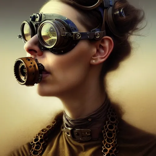 Prompt: closeup portrait shot of a glitched woman wearing steampunk goggles in a sandstorm, highly detailed, centered, digital painting, artstation, concept art, sharp focus, illustration, artgerm, tomasz alen kopera, peter mohrbacher, donato giancola, joseph christian leyendecker, wlop, boris vallejo