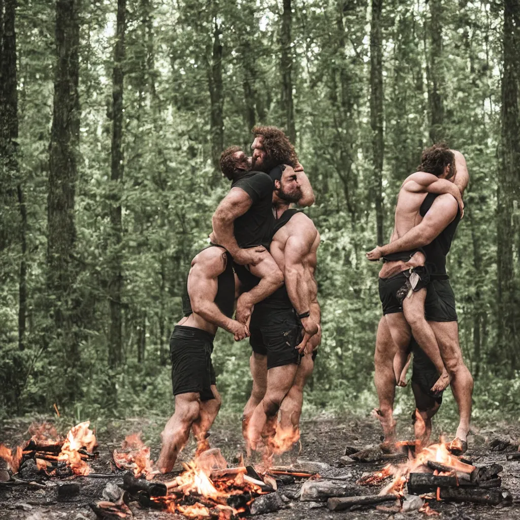 Prompt: two big hairy strongmen husbands in shorts in a forest, kissing around a campfire, daddy energy, wholesome, cute, love, photography, high details, epic, high resolution