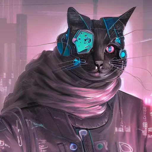 Prompt: a cyberpunk cyborg cat, trending on art station