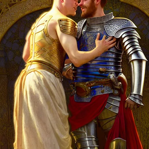 Image similar to attractive arthur pendragon and his favourite attractive male knight, they are in love, camelot, natural lighting, path traced, highly detailed, high quality, digital painting, by gaston bussiere and ross tran and j. c. leyendecker and alphonse mucha