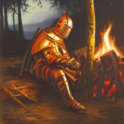 Image similar to an oil painting of a knight, sitting by a campfire at night, highly detailed