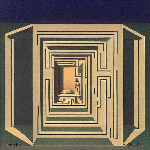 Image similar to the maze from the shining, surrealist painting by Rene Magritte