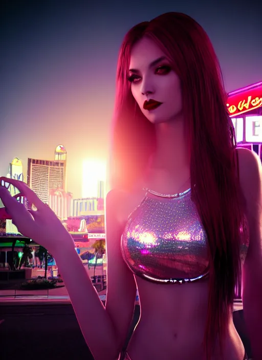 Image similar to full body portrait, vampire queen in background of las vegas at night, highly detailed, CGsociety, subtle, concept art, HDR, hyper realistic, volumetric lighting, subsurface scattering, unreal