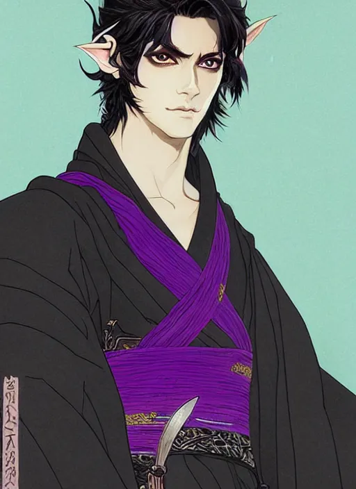 Image similar to half body portrait of a handsome brunette male elven warrior in black and purple. detailed, wearing kimono armour, by conrad roset, takato yomamoto, jesper ejsing, masamune shiro