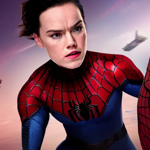 Prompt: daisy ridley dressed as spider - man, photography, marvel, cinematic, studio lighting, 4 k, imax,