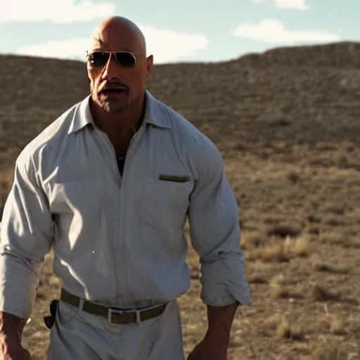 Prompt: Dwayne The Rock Johnson as Walter White in 'Breaking Bad' (2012), movie still frame, oscar nominated cinematography, volumetric lighting, 8k resolution, beautiful composition