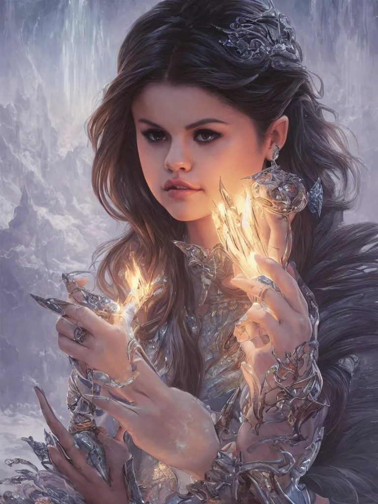 Image similar to Selena Gomez casting an frost spell, D&D, fantasy, intricate, elegant, highly detailed, digital painting, artstation, concept art, matte, sharp focus, illustration, hearthstone, art by Artgerm and Greg Rutkowski and Alphonse Mucha