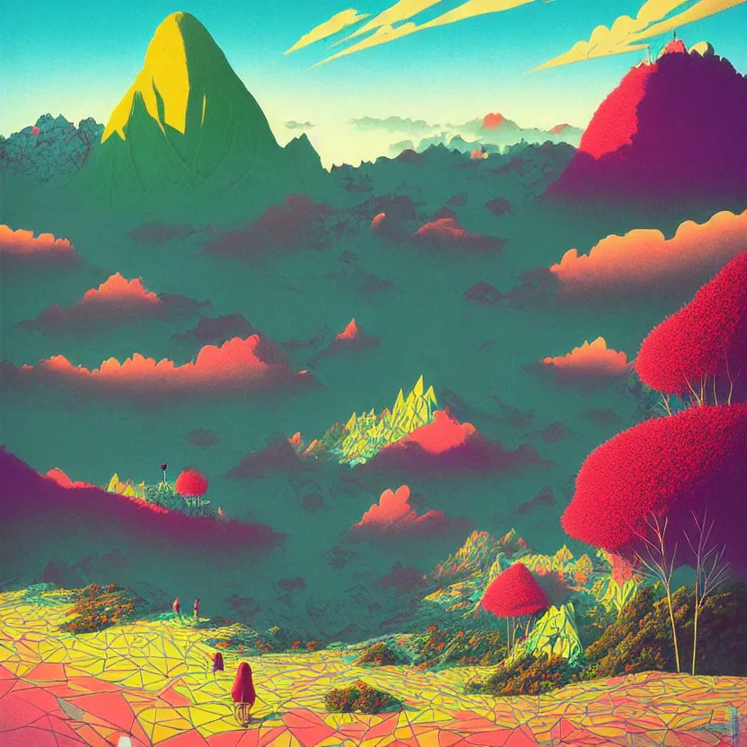 Image similar to kinabalu peak, summer morning, very coherent and colorful high contrast, art by! gediminas pranckevicius! geof darrow,!!! pastel color!!!, volumetric lighting, cinematic, floralpunk screen printing woodblock, dark shadows, hard lighting, stippling art