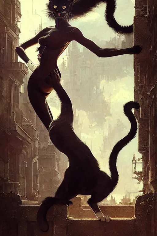 Image similar to aeon flux as a cat picture by Greg Rutkowski, dynamic pose, matte painting, intricate, fantasy concept art, elegant, by Stanley Artgerm Lau, WLOP, golden ratio, thomas kindkade, alphonse mucha, loish, Peter chung, norman Rockwell,