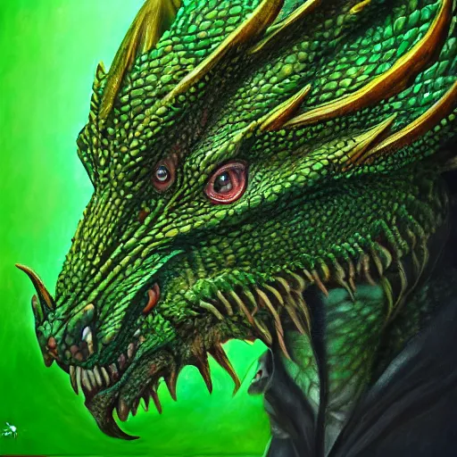 Image similar to realistic, portrait painting, large green dragon, sharp, kodachrome, cgi, hd, detailed