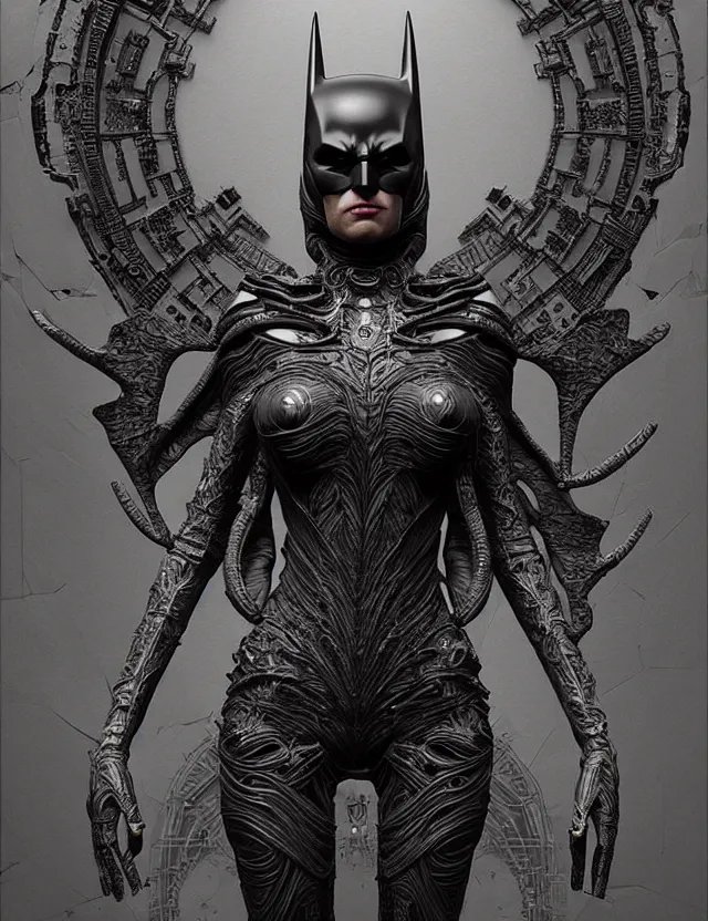 Prompt: 3 d goddess batman, beautiful intricately detailed costume. artwork by giger and dali and beeple and greg rutkowski