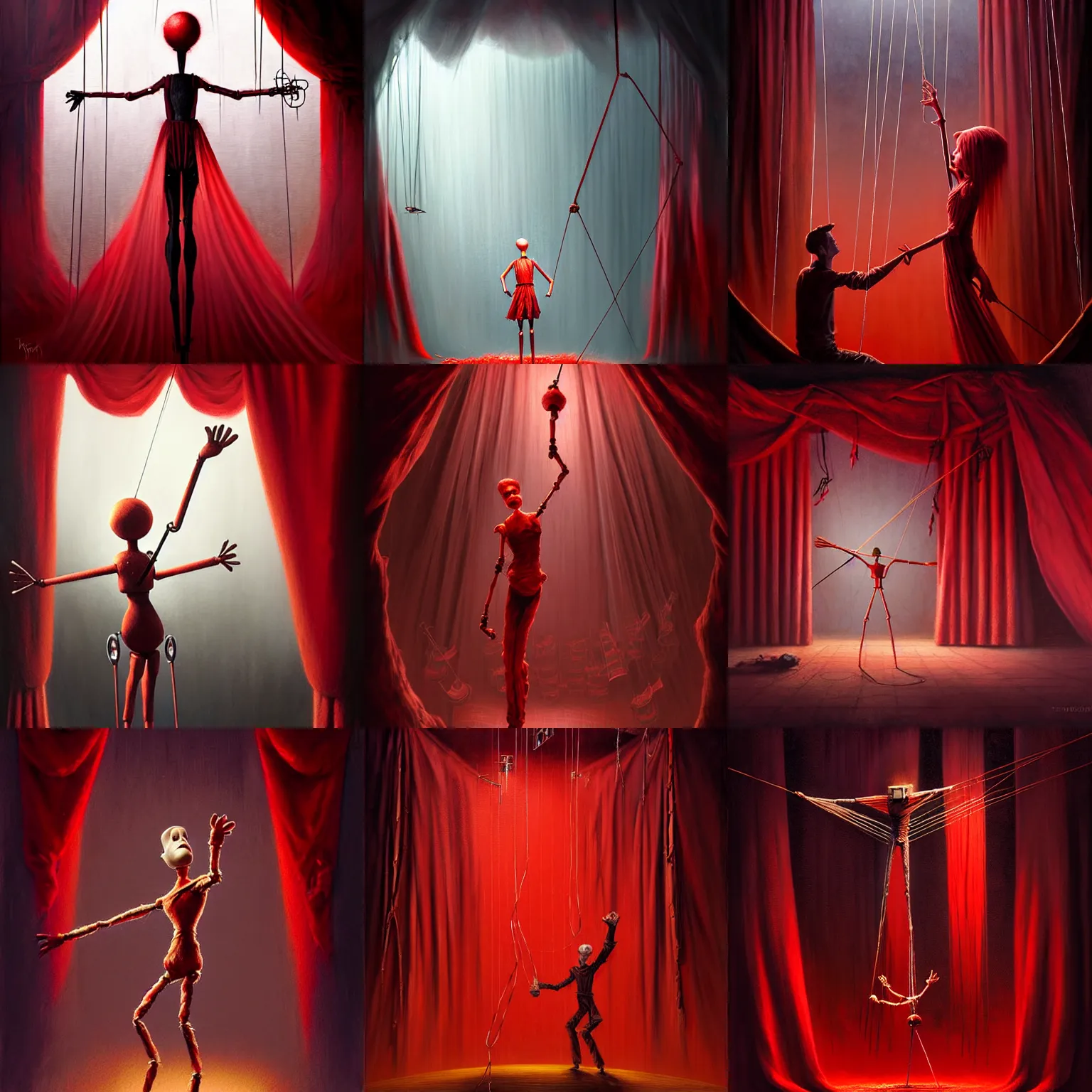 Prompt: epic scene of a marionette on strings behind red curtains, concept art by Noah Bradley, Darek Zabrocki, Tyler edlin, Jordan Grimmer, Neil Blevins, James Paick, Natasha Tan, manipulation, string puppet, pulling strings, puppet on a string, hand controlling, control, puppet, highly detailed, ultra detailed, ultra realistic, trending on artstation, masterpiece
