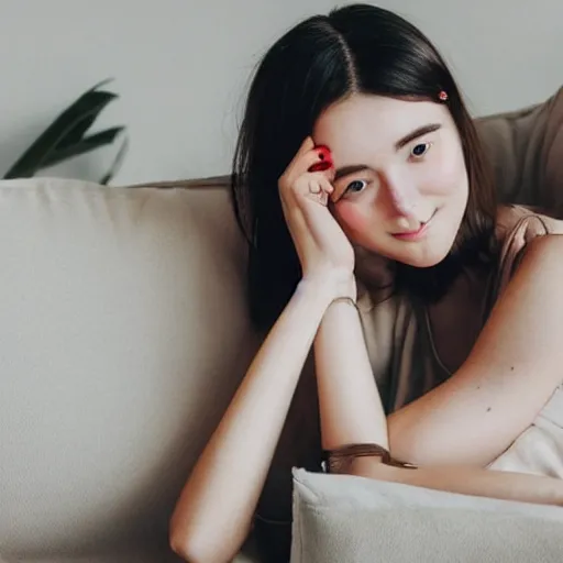 Image similar to selfie photograph of a cute thin young woman, red blush, wearing casual clothes, small smile, relaxing on a couch, cozy living room, medium shot, 8 k, trending on instagram, photorealist, trending on pinterest, portra 4 0 0