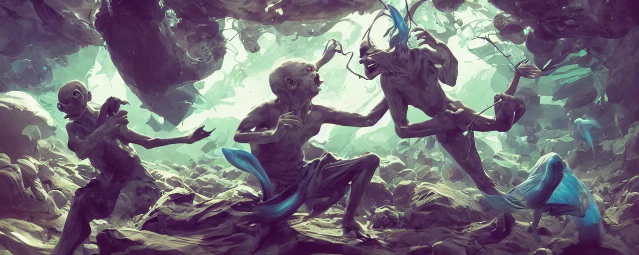 Image similar to duotone green blue illustration 3 / 4 portrait of gollum dancing and holding fish in his mouth. volumetric lighting. dynamic composition accidental renaissance golden ratio. by sachin teng and sergey kolesov and ruan jia and heng z. graffiti art, scifi, fantasy, hyper detailed. octane render. concept art. trending on artstation