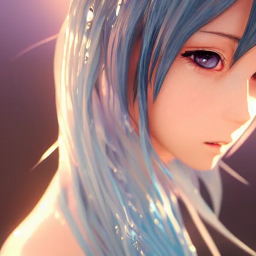 Prompt: a very beautiful anime girl wearing a dress made of water standing in a crystal lake , full body, long black hair, azure blue watery eyes, full round face, seductive stare, cinematic lighting, closeup shot, mid-shot, highly realistically detailed, trending on artstation, Unreal Engine 4k, Stanley Artgerm Lau, WLOP, Rossdraws, James Jean, Andrei Riabovitchev, Marc Simonetti, and Sakimichan