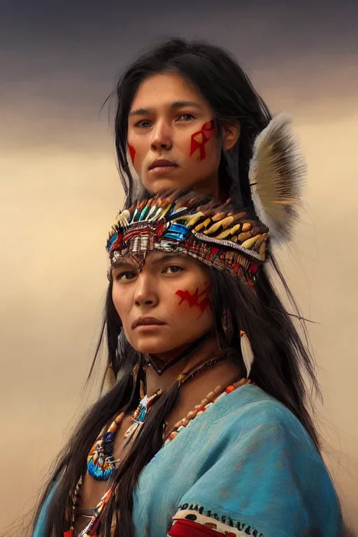Image similar to beautiful young Cherokee woman in a native american outfit, close-up portrait, intricate, high resolution, cinematic lighting, scenery, digital painting, highly detailed, artstation, sharp focus, illustration, concept art, ruan jia, steve mccurry and Irakli Nadar