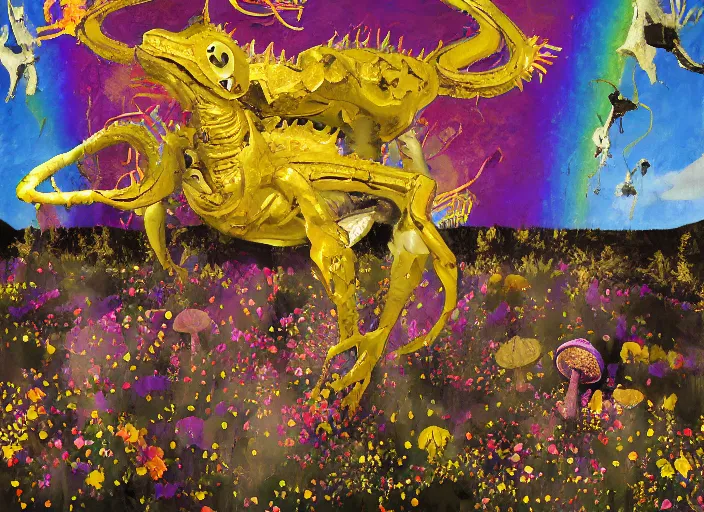 Image similar to expressionistic decollage painting golden armor alien zombie horseman riding on a translucent bone dragon broken rainbow diamond maggot horse in a blossoming meadow full of colorful mushrooms and golden foil toad blobs in a golden sunset, distant forest horizon, painted by Adrian Ghenie, Danny Fox and Hilma af Klint, pixelated, buff, color field painting, graffiti tag, byzantine art, pop art feel, naive. Mark Rothko painting, part by Philip Guston and Frank Stella art by Barnett Newman, 8k, extreme detail, intricate detail, masterpiece