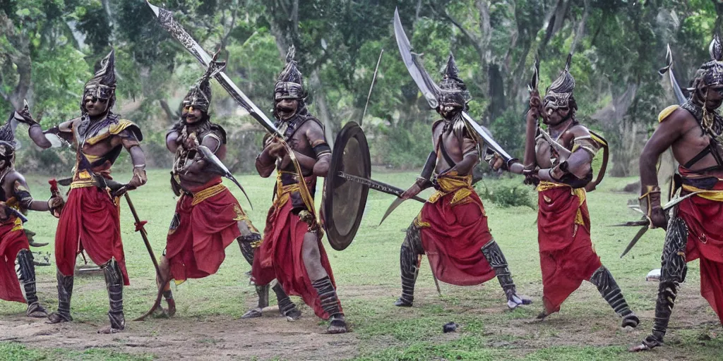 Prompt: sri lankan warriors with swords, film still, fantasy movie style