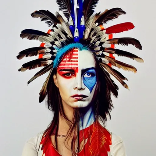 Image similar to a beautiful portrait sculpture designed by Sandra Chevrier, american indian headdress, American stars and stripes on face, by Annie Leibovitz