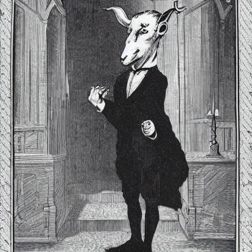 Image similar to Photo of a goat-headed victorian-style magician in a dimly lit room of a gothic castle