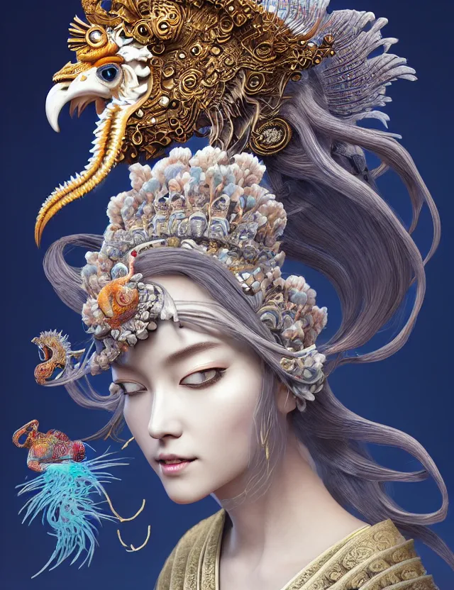 Image similar to 3 d goddess close - up profile portrait with crown, ram skull. beautiful intricately detailed japanese crow kitsune mask and clasical japanese kimono. betta fish, jellyfish phoenix, bio - luminescent, plasma, ice, water, wind, creature, artwork by tooth wu and wlop and beeple and greg rutkowski