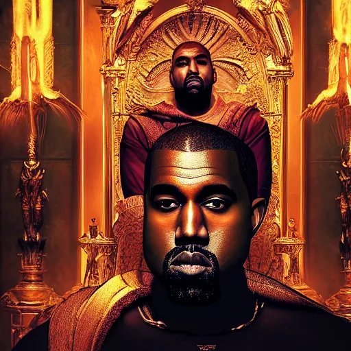 Image similar to Portrait of Kanye West as the god-emperor of mankind, amazing splashscreen artwork, splash art, natural light, elegant, intricate, fantasy, atmospheric lighting, cinematic, matte painting