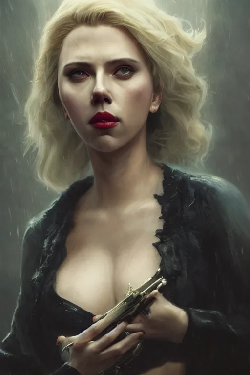 Prompt: a fancy portrait of a Scarlett Johansson as lady death by Greg Rutkowski, Sung Choi, Mitchell Mohrhauser, Maciej Kuciara, Johnson Ting, Maxim Verehin, Peter Konig, final fantasy , mythical, 8k photorealistic, cinematic lighting, HD, high details, atmospheric,