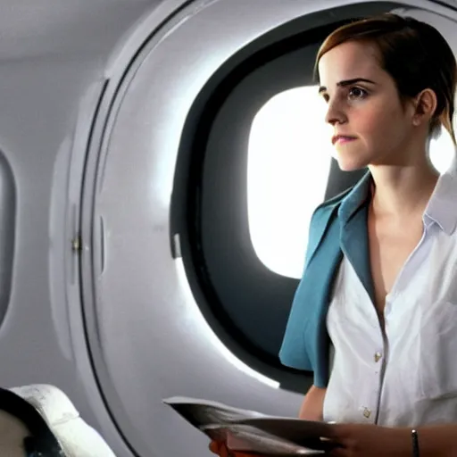 Prompt: emma watson, inside airplane, film still, low contrast,