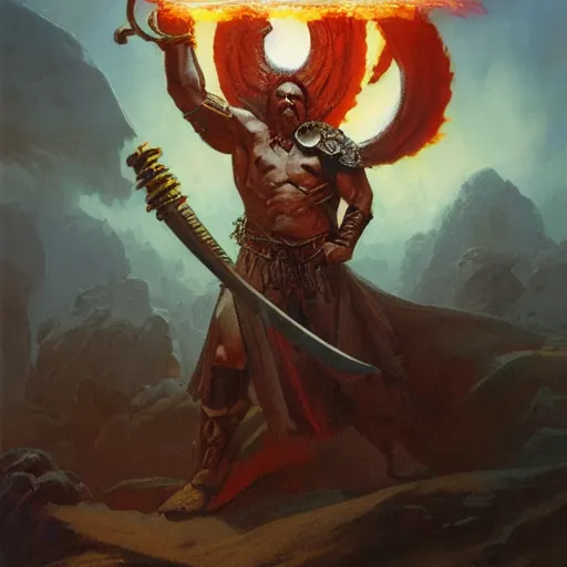 Image similar to quarter length portrait of a helmed fire giant with a giant sword wreathed in flame, d & d, fantasy, greg rutkowski, frank frazetta, alexandre chaudret, boris vallejo, michael whelan, miro petrov, hr giger, magali villeneuve, donato giancola