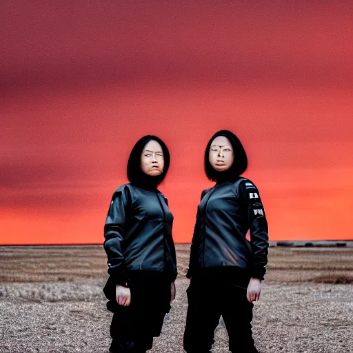 Image similar to photographic portrait of 2 techwear women in front of a brutalist metal building, on a desolate plain, red sky, sigma 8 5 mm f / 1. 4, 4 k, depth of field, high resolution, 4 k, 8 k, hd, full color