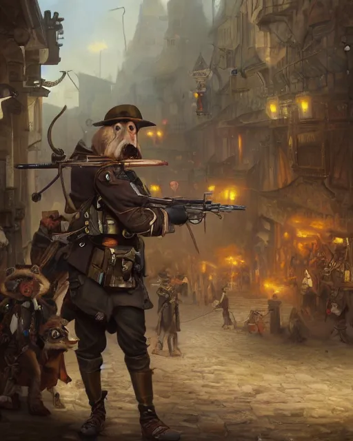 Image similar to oil painting of anthropomorphized hamster legion holding rifles, steampunk clothes, steampunk city background, sharp focus, fantasy style, octane render, volumetric lighting, 8k high definition, by greg rutkowski, highly detailed, trending on art Station, dungeons and dragons artwork, centered