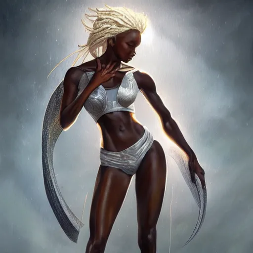 Prompt: full figure ultra realistic illustration, jodie turner - smith as ororo munroe, intricate, elegant, highly detailed, digital painting, artstation, concept art, smooth, sharp focus, illustration, art by artgerm and greg rutkowski and alphonse mucha