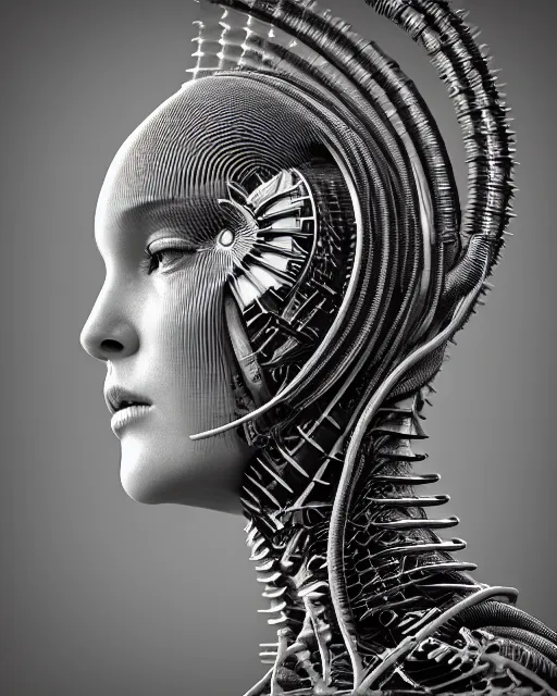 Image similar to mythical black and white organic bio-mechanical spinal ribbed profile face portrait detail of mechanical beautiful female angelic-vegetal-cyborg, highly detailed, intricate steampunk ornate, poetic, 3D render, digital art, octane render, 8K artistic photography, photo-realistic, by Dora Maar