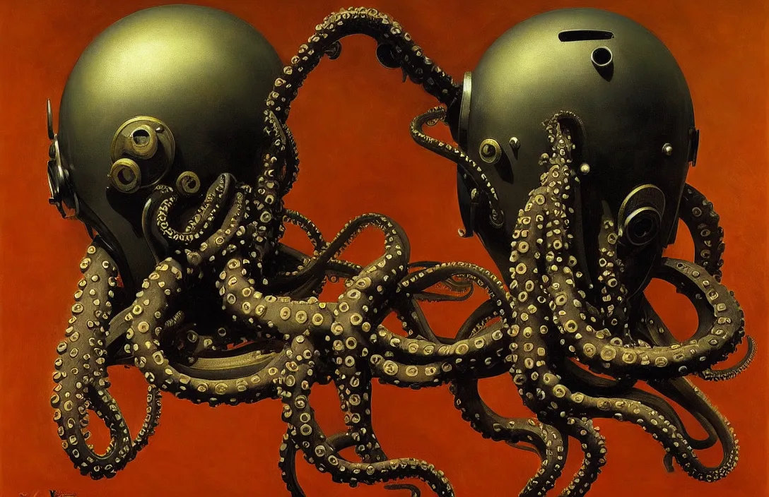 Image similar to portrait of deep sea diver helmet, octopus tentacles!!!!!!!!!!!!!!!!!!!!!!!!!!!, detailed face, detailed painting, epic lighting, by ilya repin, phil hale and kent williams