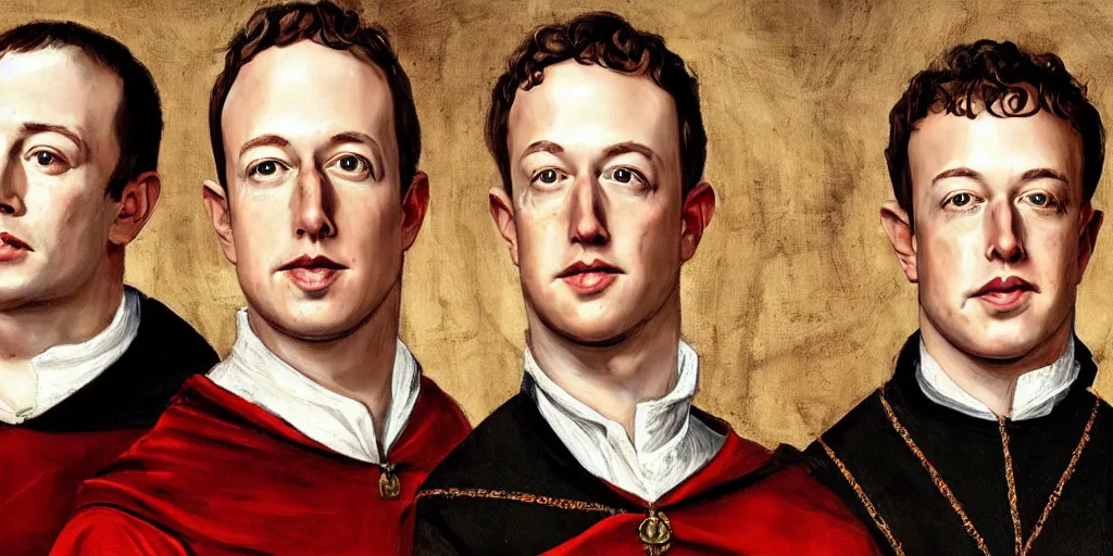 Prompt: 1 6 th century portrait of elon musk, mark zuckerberg and jeff bezos standing side - by - side as members of the spanish inquisition, artstation