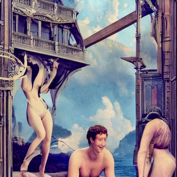 Image similar to mark zuckerberg trying on bikinis art nouveau matte painting, highly detailed,