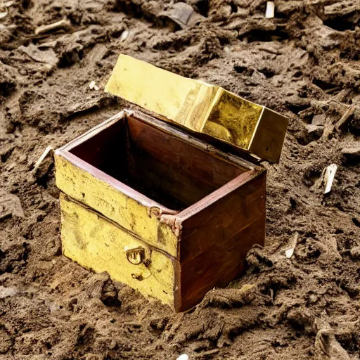Prompt: a wooden box full of gold treasure, partially buried in mud