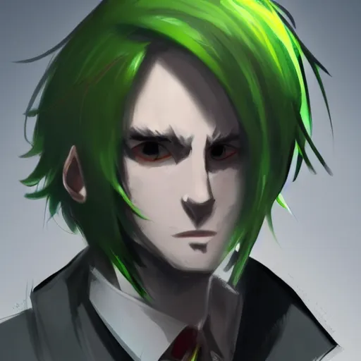 Image similar to Concept art of a man with dark green hair, with pupils that look like clocks, the master of time, trending on artstation, anime