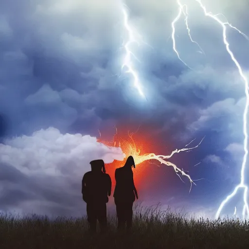 Prompt: Two people: one angel and one devil. Angel battling devil. Scene airborne in the clouds. Background lightning and explosions and black smoke. Backlit