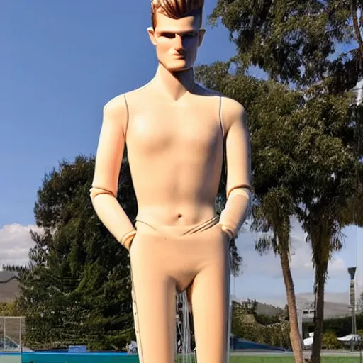 Image similar to a realistic detailed photo of a guy who is an attractive humanoid who is half robot and half humanoid, who is a male android, soccer player timo werner, shiny skin, posing like a statue, blank stare, by the pool, on display