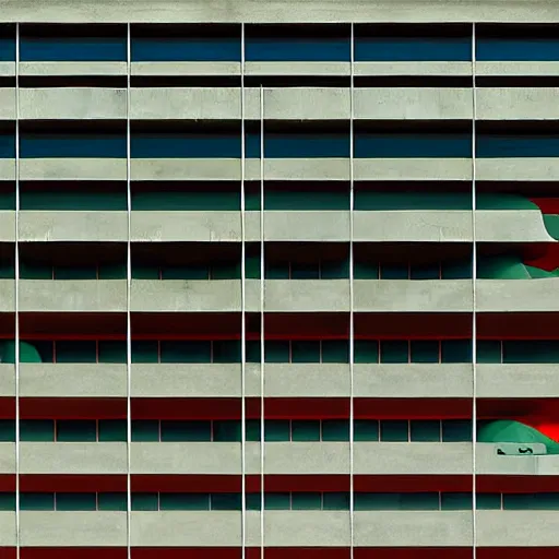 Image similar to a real concrete building with anthropomorphic qualities. a painting of sceptile by ricardo bofill. one building that reminds me of a green lizart with a red mouth. clearly a building. realistic, photograph, award winning, high wuality, high definition, contest winner, gorgeous.