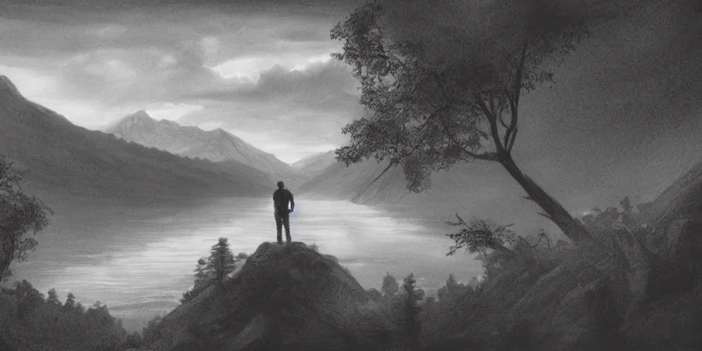 Image similar to A majestic landscape featuring a river, mountains and a forest. There is an old man standing, wearing a backpack and staring at the sunset. Cinematic, very beautiful, pencil drawing