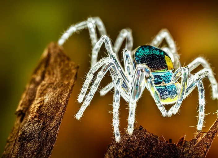 Image similar to super macro of a translucent crystal spider in the forest. Fantasy magic style. Highly detailed 8k. Intricate. Nikon d850 300mm. Award winning photography.