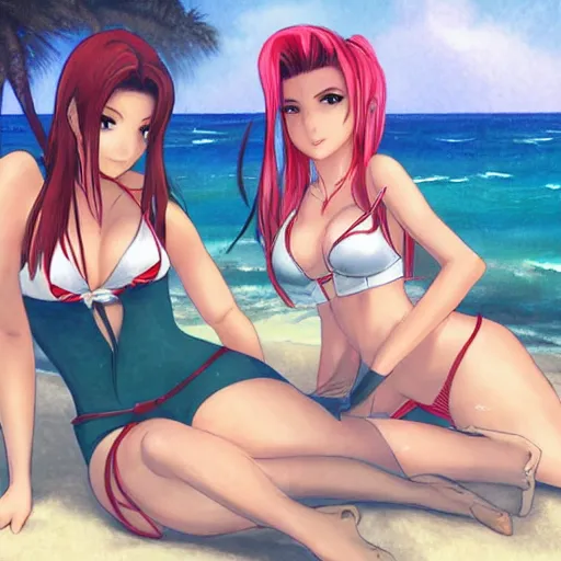 Prompt: beautiful aerith and tifa and jessie from final fantasy in a bikini on the beach making eye contact drawn by sakimichan