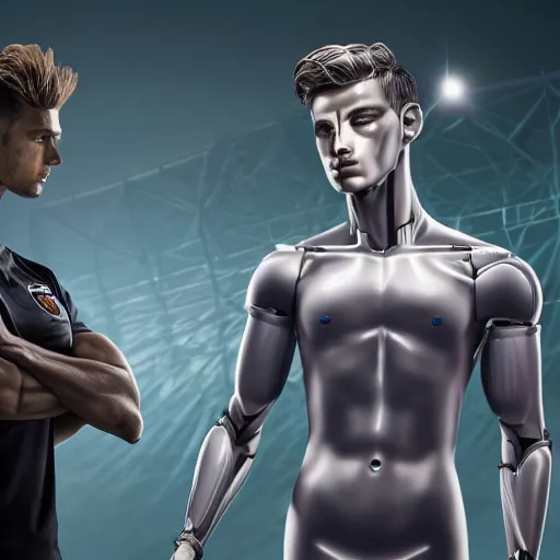 Image similar to a realistic detailed photo of a guy who is an attractive humanoid who is half robot and half humanoid, who is a male android, attractive and handsome soccer players, shiny skin, posing like a statue, blank stare, in a factory, on display, showing off his muscles, wearing soccer shorts, side view, looking at each other mindlessly