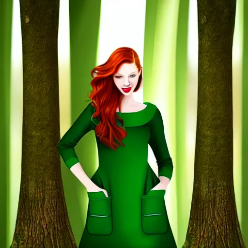 Image similar to redhead women in a green dress, with pockets, photorealistic, winter scenario