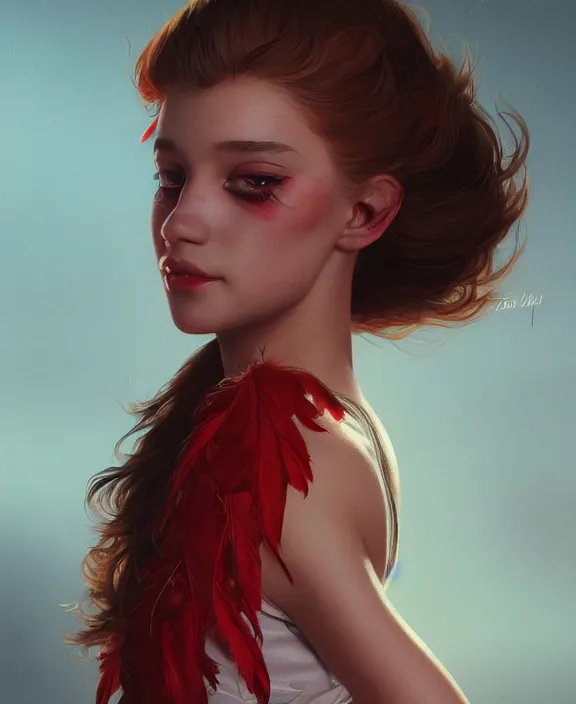 Prompt: teen girl in dress made of red feather, realistic portrait, highly detailed, digital painting, artstation, concept art, smooth, sharp focus, illustration, cinematic lighting, art by artgerm and greg rutkowski and alphonse mucha and boris vallejo and frank frazetta