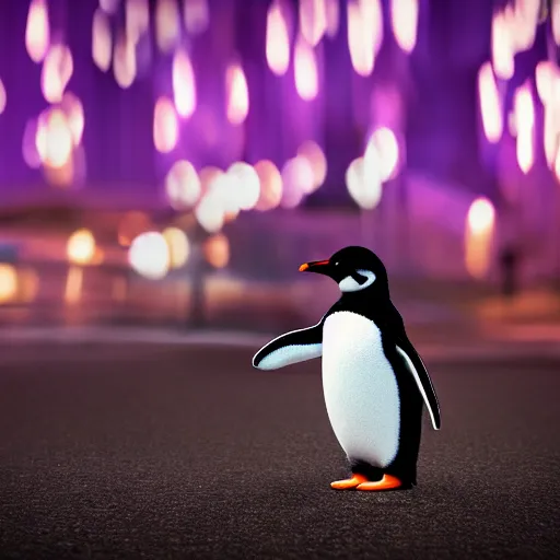 Image similar to Penguin creating magic purple magic satanic aura hula rings around the penguin while the penguin is on the streets, 40nm, shallow depth of field, split lighting, 4k,